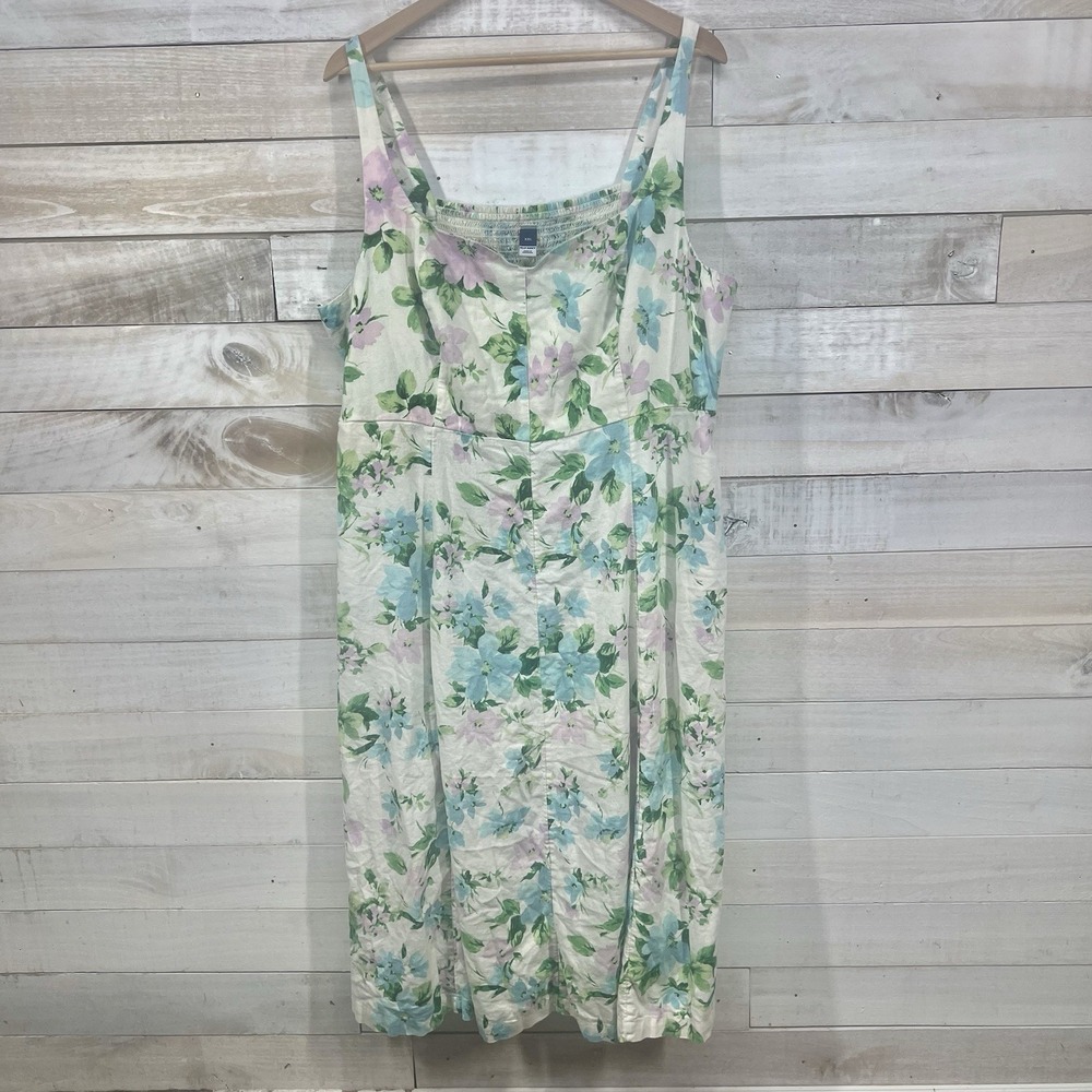 Old Navy Dress Womens XXL 2XL Floral Linen Blend Smocked Pockets Beach Resort